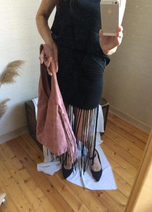 Летняя чёрная юбка миди с бахромой4 фото