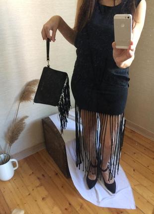 Літня чорна спідниця міді з торочками6 фото