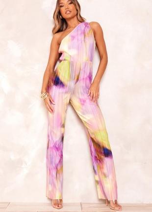 Женский яркий разноцветный летний плиссированный комбинезон костюм плиссе брюки клеш без рукавов plt6 фото