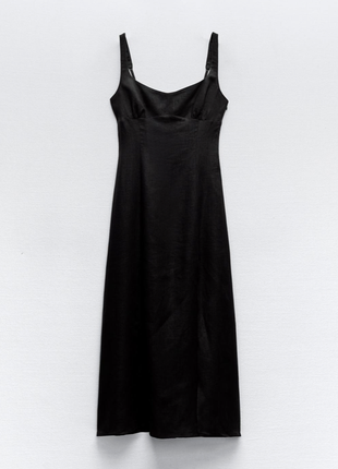 Стильное льняное черное платье на бретелях zara2 фото
