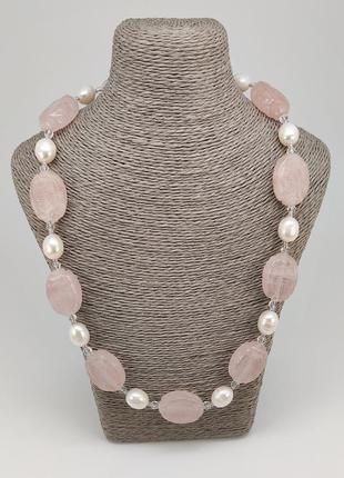 Намисто на струні з натуральним рожевим кварцем і білими перлами (довжина 51 см) арт. 05707