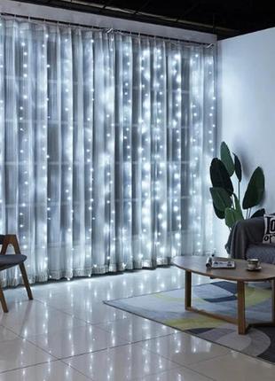Светодиодная гирлянда водопад 280 led (прозрачный шнур, с преходником) 3.0х2.0м белый свет