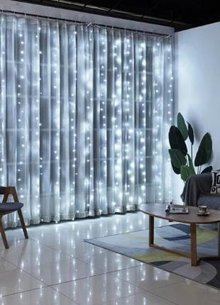 Светодиодная гирлянда водопад 320 led (прозрачный шнур, с преходником) 3.0х3.0м белый свет