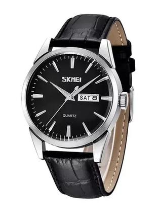 Мужские наручные классические часы skmei 9073 (серебристые с черным циферблатом)