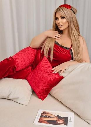 Жіноча оксамитова піжама-нічненька майка штани маска для сну та подушка розміри 48-64