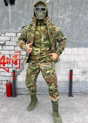 Демисезонный военный комплект 4 в 1 softshell (куртка, штаны, кофта, бейсболка) мультикам s