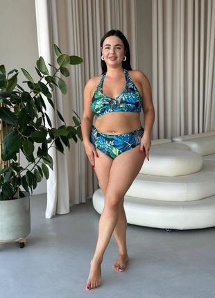 Жіночий роздільний купальник з високою посадкою та сіточкою plus size батал великі розміри у тропічний принт