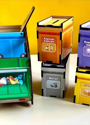Комодик сортер "сортировка мусора: мусоровоз" (деревянные пазлы для игры с детьми)4 фото
