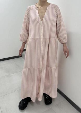 Ilag воздушное длинное платье зефирка хлопковая в полоску розовая7 фото