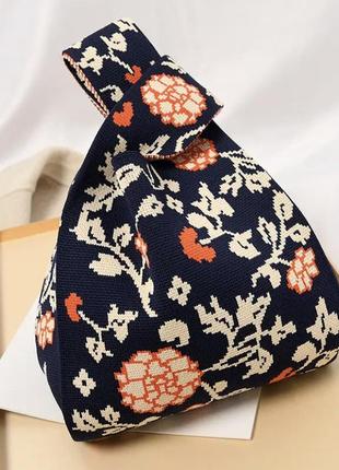 Тренд стильная темно синяя женская вязаная текстильная сумка шоппер2 фото