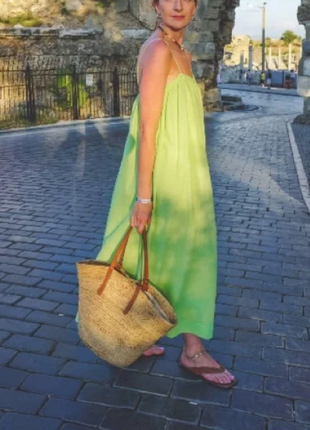 Довге вільне оерсайз плаття кольору лайма зі змішаного льону h&amp;m4 фото