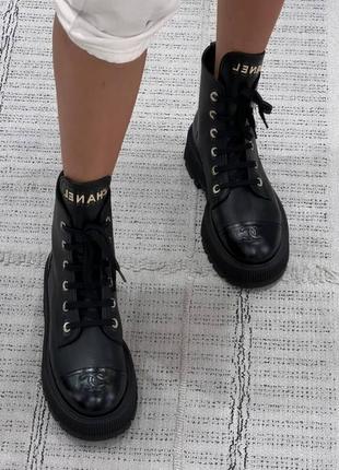 Боти в стилі chanel чорні шкіра на шнуровці