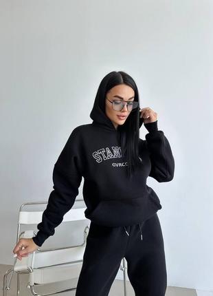 Костюм спортивный женский теплый на флисе черный оверсайз худи с принтом с капишоном брюки на высокой посадке с карманами качественный стильный трендовый