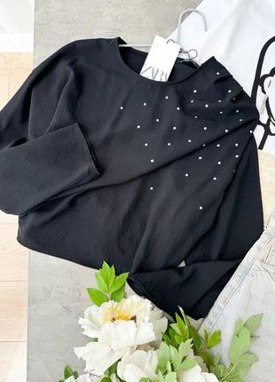 Чорний топ з камінчиками zara2 фото