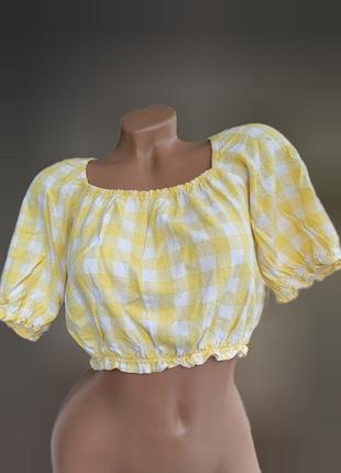 Кроп топ с рукавом фонарик женский в клетку