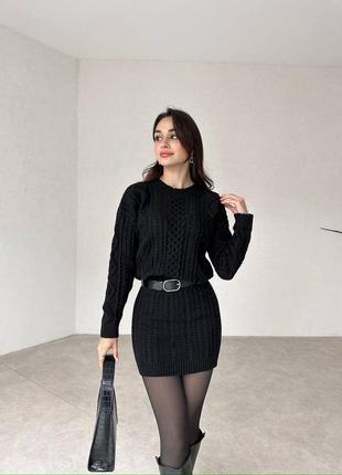 Костюм в'язаний жіночий теплий базовий вʼязка светр кофта та міні спідниця коротка демісезонний комплект двійка