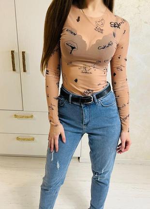 Боди сетка бежевая тату