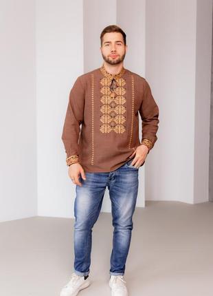 Вишиванка чоловіча коричнева з золотою вишивкою