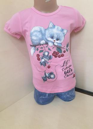 Летний костюм для девочки нарядная футболка шорты коты размер 92 98 104 1102 фото