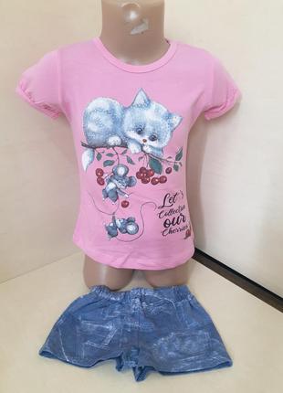 Летний костюм для девочки нарядная футболка шорты коты размер 92 98 104 1108 фото