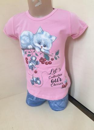 Летний костюм для девочки нарядная футболка шорты коты размер 92 98 104 1109 фото