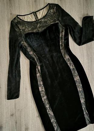 Платье миди велюр чёрное с гипюром,46 р.