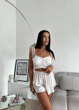 Піжама топ і шортики з шовку, шовкова піжама топ з шортами на високій посадці