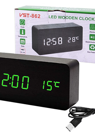 Електронний годинник vst-862-4, з датчиком температури, будильник, живлення від usb. ws45633-1