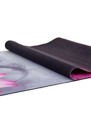 Килимок для йоги замшевий record fi-5662-22 розмір 183x61x0,3 см сірий-малиновий з принтом індійський лотос3 фото