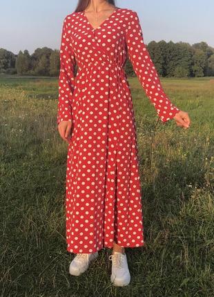 Платье сукня сарафан плаття в горох горошек красное червоне макси нарядное длинное2 фото
