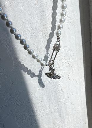 Цепочка чокер з перлами (білий/срібний) vivienne westwood3 фото
