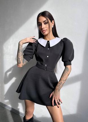 Женское черное короткое мини платье с белым воротничком рукава фонарики baby doll