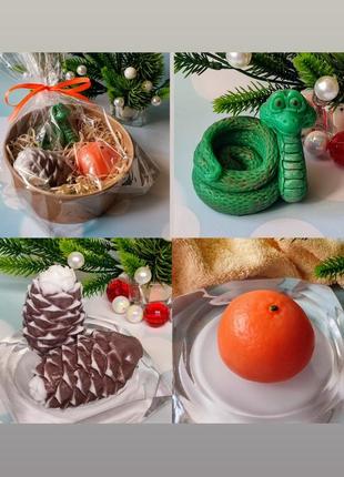 Набір мила ручної роботи з ефірними оліями змія, мандарин та шишка.