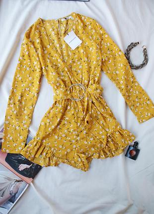 Брендовый комбинезон ромпер цветочный принт в горчичном оттенке от glamours