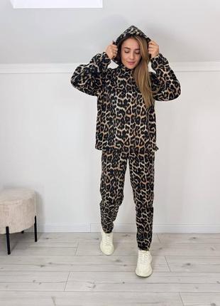 Очень теплый флисовый костюм леопардовый принт с капюшоном флис полар