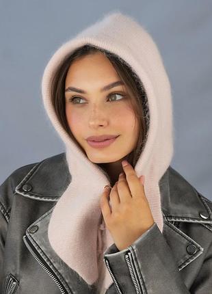 Женская теплая шапка-капор из шерсти кролика тиара, кремовая