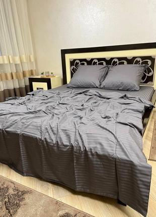 Постельное белье страйп сатин серый 💙🥰, простынь на резинке страйп сатин, простынь на резинке страйп сатин