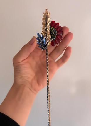Брошка колосок жовто-блакитний з маком з бісеру та кристалів