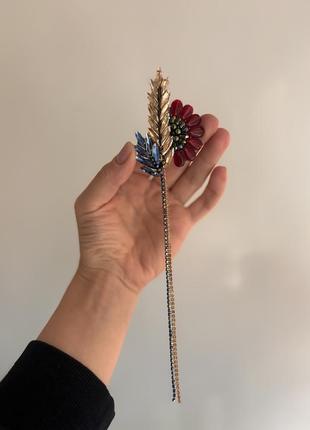 Брошка колосок жовто-блакитний з маком з бісеру та кристалів