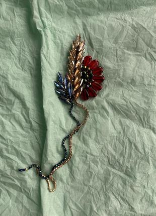 Брошка колосок жовто-блакитний з маком з бісеру та кристалів