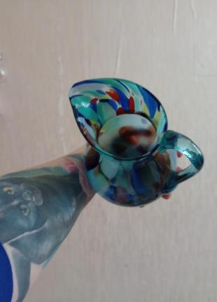 Кувшин горнятко ваза горщик кольорове гутне скло вінтаж  синій скляний глечик3 фото