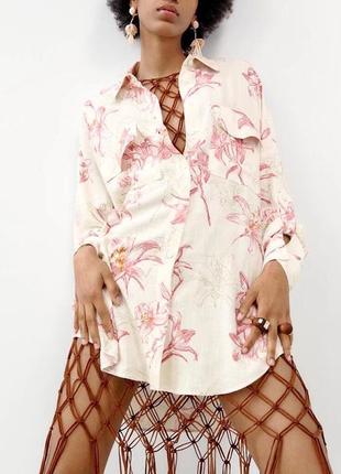 Оверсайз сорочка zara з квітковим принтом в лілії з вмістом льону