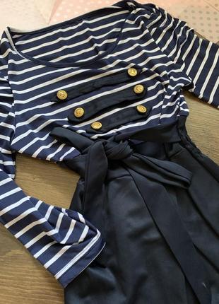 Темно синє плаття в білу смужку морячка з ґудзиками коротке міді по фігурі розмір xs s m3 фото