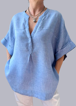 Удлиненная льняная рубашка большого размера с коротким рукавом голубая h&m р.60-70 новая
