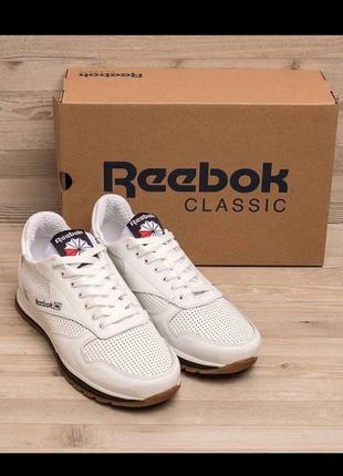 Мужские белые кроссовки с логотипом reebok натуральная кожа перфорация3 фото