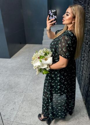 Женское длинное нежное воздушное темное шифоновое платье в цветочки у цветка шифон xl xxl 2xl 3xl4 фото