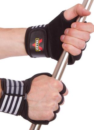 Перчатки атлетические для силовых упражнений и фитнеса с фиксатором запястья valeo ta-4419 l-xl черный-белый2 фото