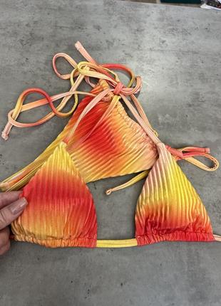 Бархатный купальник велюровый раздельный эффект амбре в принт заката оранжево-желтый цвет на завязках 🔥💛10 фото