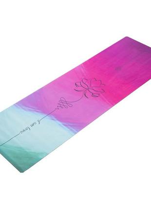 Килимок для йоги замшевий record fi-5662-36 розмір 183x61x0,3 см блакитний-рожевий з принтом "я - це любов"2 фото