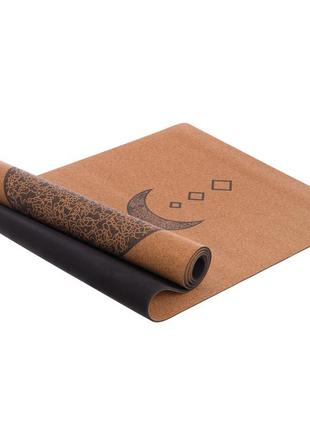 Килимок для йоги корковий каучуковий з принтом record fi-7156-9 183x61 мx0.4cм коричневий